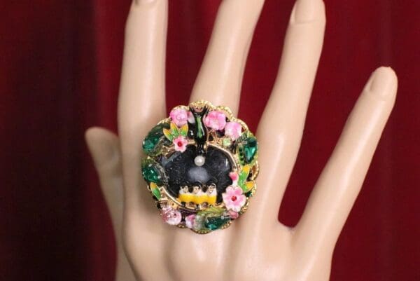 SOLD! 4971 Genuine Solar Quartz Enamel Swallows Massive Cocktail Adjustable Ring - Image 2