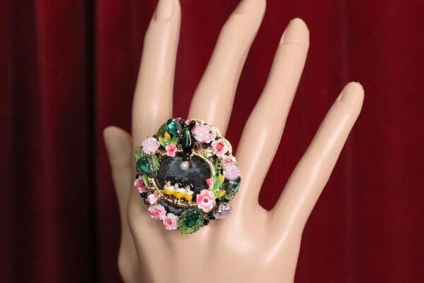 SOLD! 4972 Genuine Solar Quartz Enamel Swallows Massive Cocktail Adjustable Ring - Image 3
