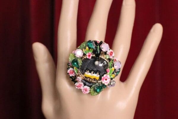 SOLD! 4972 Genuine Solar Quartz Enamel Swallows Massive Cocktail Adjustable Ring - Image 2