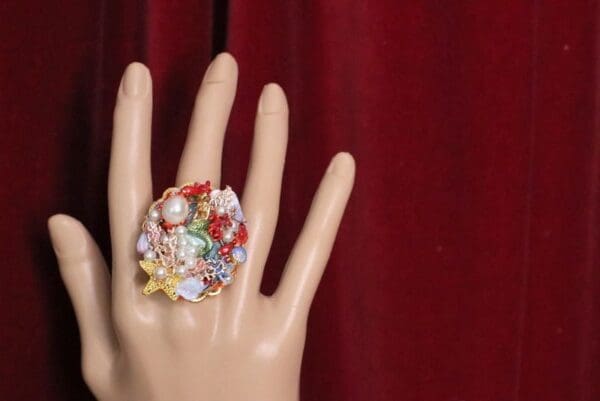 SOLD! 4975 Genuine Solar Quartz Enamel Mermaid Coral Reef Massive Cocktail Adjustable Ring - Image 4