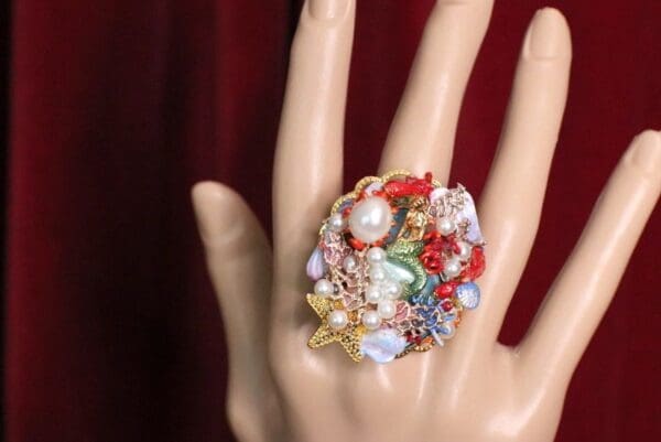 SOLD! 4975 Genuine Solar Quartz Enamel Mermaid Coral Reef Massive Cocktail Adjustable Ring - Image 3