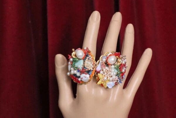 SOLD! 4975 Genuine Solar Quartz Enamel Mermaid Coral Reef Massive Cocktail Adjustable Ring - Image 6