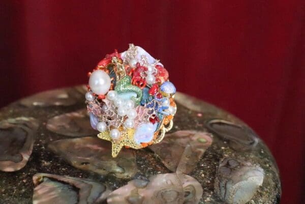 SOLD! 4975 Genuine Solar Quartz Enamel Mermaid Coral Reef Massive Cocktail Adjustable Ring - Image 2