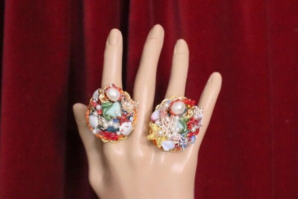 SOLD! 4976 Genuine Solar Quartz Enamel Mermaid Coral Reef Massive Cocktail Adjustable Ring - Image 7
