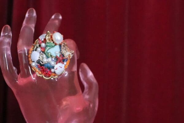 SOLD! 4976 Genuine Solar Quartz Enamel Mermaid Coral Reef Massive Cocktail Adjustable Ring - Image 5
