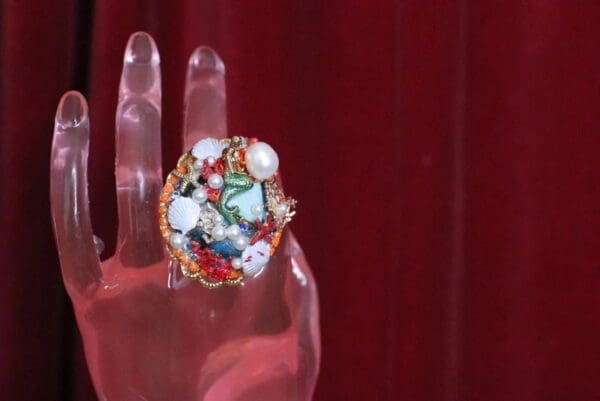 SOLD! 4976 Genuine Solar Quartz Enamel Mermaid Coral Reef Massive Cocktail Adjustable Ring - Image 4