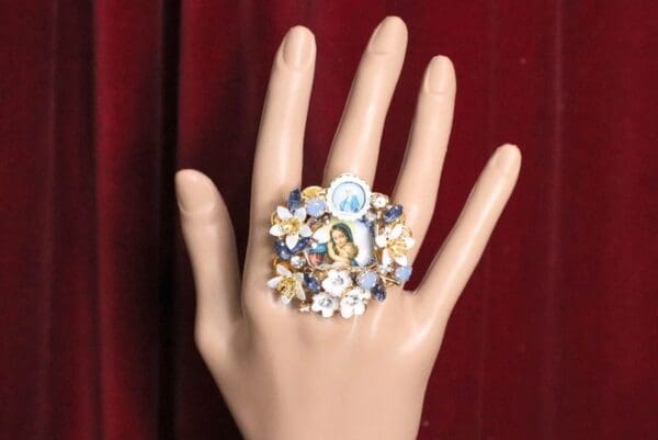 SOLD! 4979 Madonna Virgin Mary Flower Blossom Massive Cocktail Adjustable Ring - Image 7