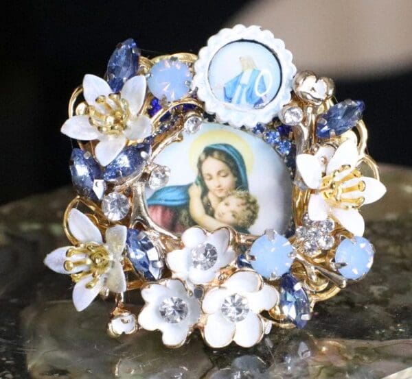 SOLD! 4979 Madonna Virgin Mary Flower Blossom Massive Cocktail Adjustable Ring - Image 2