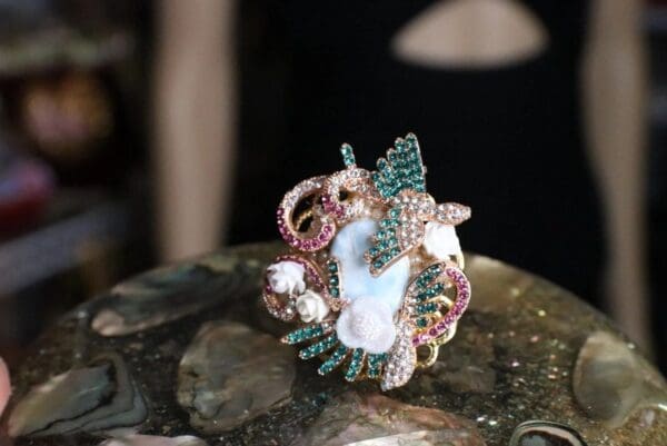 SOLD! 4980 Genuine Caribbean Larimar Crystal Birds Massive Cocktail Adjustable Ring - Image 4