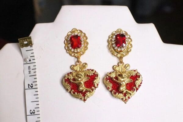SOLD! 4987 Baroque Red Heart Gold Cherub Studs Earrings - Image 3