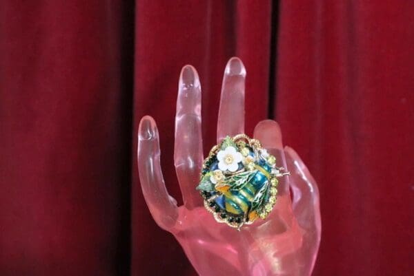 SOLD! 4993 Genuine Huge Solar Quartz Enamel Bee Massive Cocktail Adjustable Ring - Image 4