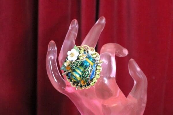 SOLD! 4993 Genuine Huge Solar Quartz Enamel Bee Massive Cocktail Adjustable Ring - Image 3