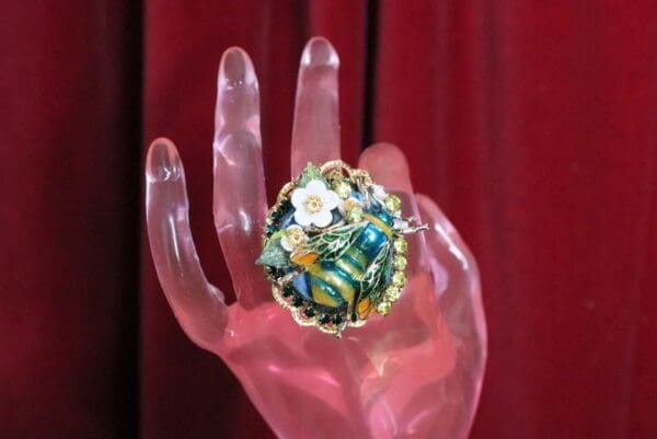 SOLD! 4993 Genuine Huge Solar Quartz Enamel Bee Massive Cocktail Adjustable Ring - Image 5