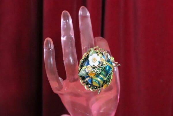 SOLD! 4993 Genuine Huge Solar Quartz Enamel Bee Massive Cocktail Adjustable Ring - Image 6