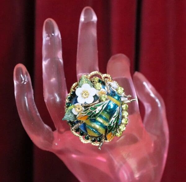 SOLD! 4993 Genuine Huge Solar Quartz Enamel Bee Massive Cocktail Adjustable Ring - Image 2