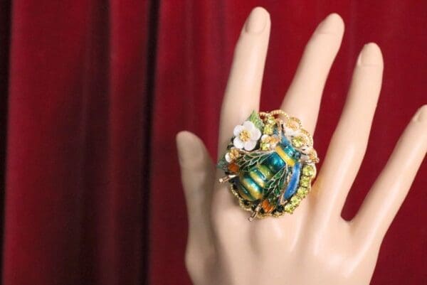 SOLD! 4993 Genuine Huge Solar Quartz Enamel Bee Massive Cocktail Adjustable Ring - Image 7