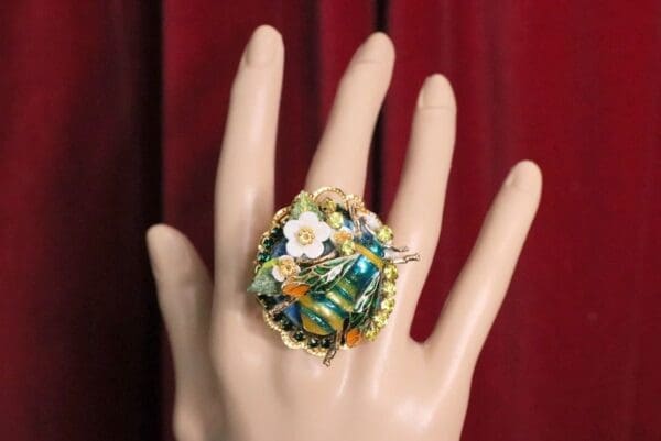SOLD! 4993 Genuine Huge Solar Quartz Enamel Bee Massive Cocktail Adjustable Ring - Image 8