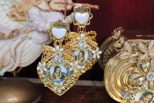 SOLD! 4995 Runway Massive Virgin Mary Madonna Heart Bow Studs Earrings