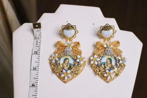 SOLD! 4995 Runway Massive Virgin Mary Madonna Heart Bow Studs Earrings - Image 7