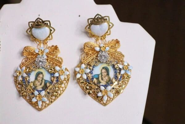 SOLD! 4995 Runway Massive Virgin Mary Madonna Heart Bow Studs Earrings - Image 8