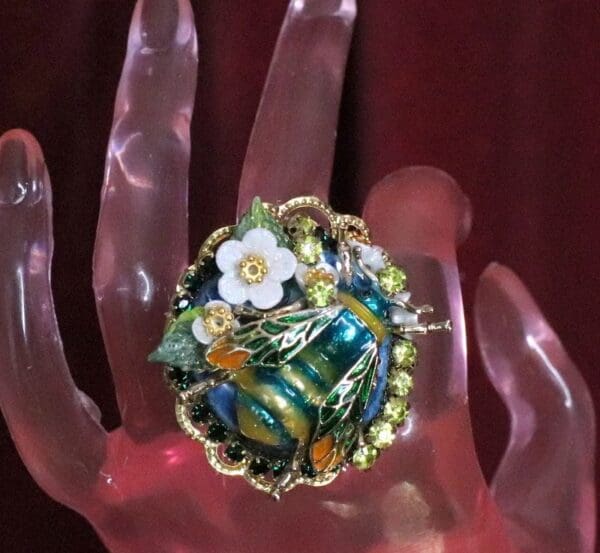 SOLD! 4993 Genuine Huge Solar Quartz Enamel Bee Massive Cocktail Adjustable Ring