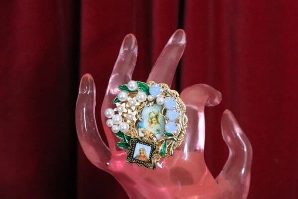 SOLD! 4999 Stunning Pearl Virgin Mary Madonna Cocktail Adjustable Ring - Image 4