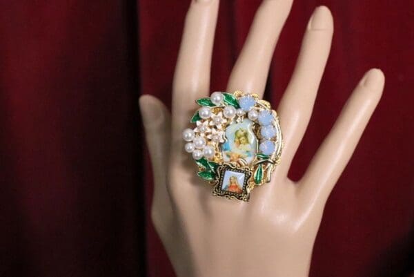 SOLD! 4999 Stunning Pearl Virgin Mary Madonna Cocktail Adjustable Ring - Image 2
