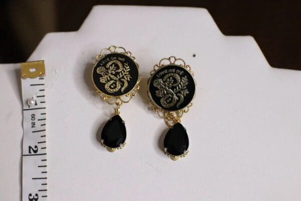 SOLD! 5015 Goth Live Or Die Enamel Carved Unusual Earrings Studs - Image 3