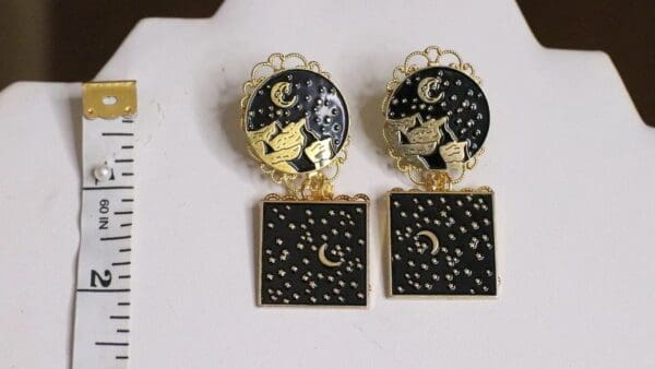 SOLD! 5016 Goth Night Moon Enamel Carved Unusual Earrings Studs - Image 4