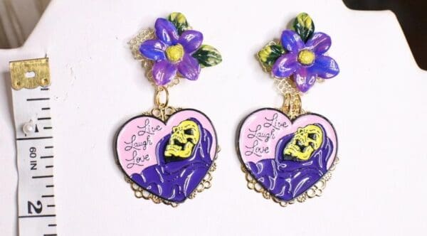 SOLD! 5032 Goth Purple Enamel Carved Scull Unusual Earrings Studs - Image 7