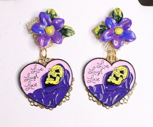 SOLD! 5032 Goth Purple Enamel Carved Scull Unusual Earrings Studs