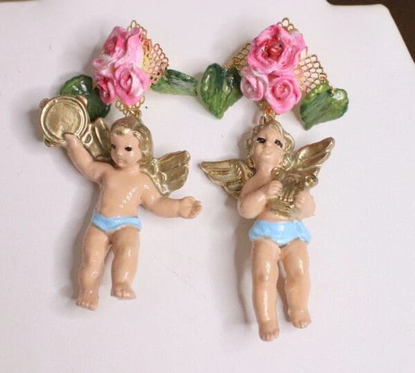 SOLD! 5035 Baroque Musical Small Cherubs Harp Stunning Earrings Studs