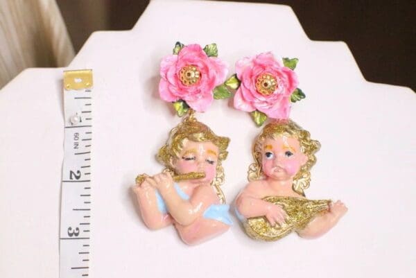 SOLD! 5048 Baroque Hand Painted Musical Gold Glitter Cherubs Angels Earrings Studs - Image 8