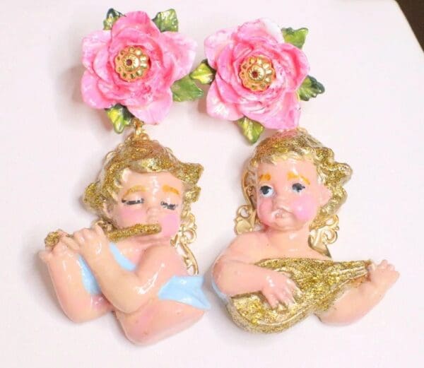SOLD! 5048 Baroque Hand Painted Musical Gold Glitter Cherubs Angels Earrings Studs - Image 2
