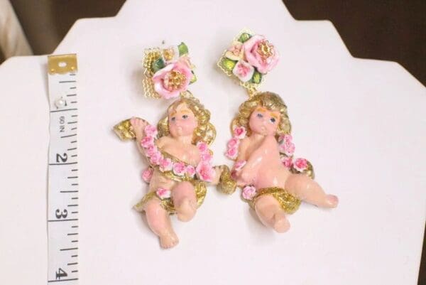SOLD! 5049 Baroque Hand Painted Ribbon Roses Gold Glitter Cherubs Angels Earrings Studs - Image 6