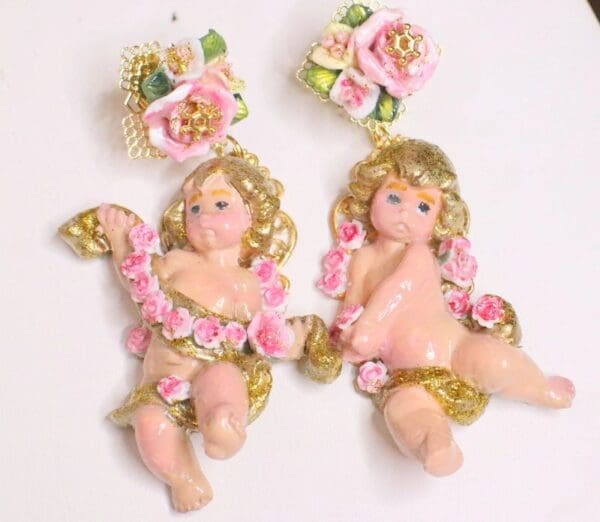SOLD! 5049 Baroque Hand Painted Ribbon Roses Gold Glitter Cherubs Angels Earrings Studs - Image 7