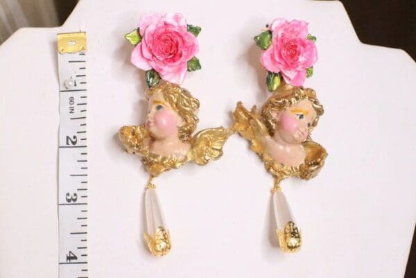 SOLD! 5050 Baroque Hand Painted Roses Cherubs Angels Earrings Studs - Image 2