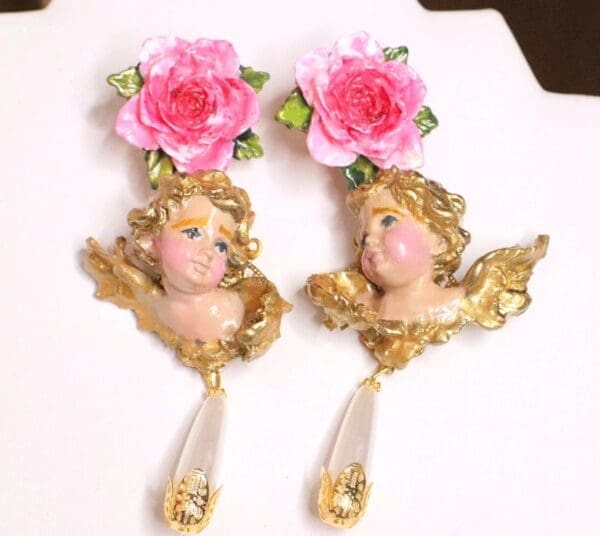 SOLD! 5050 Baroque Hand Painted Roses Cherubs Angels Earrings Studs - Image 3
