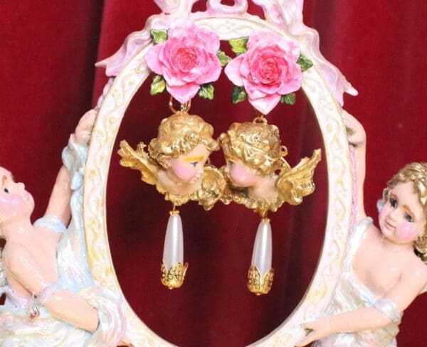 SOLD! 5050 Baroque Hand Painted Roses Cherubs Angels Earrings Studs