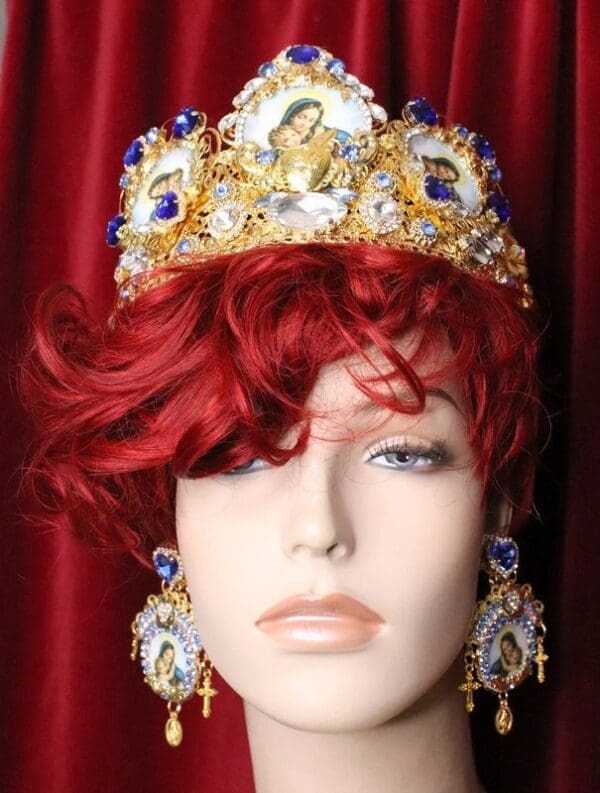 SOLD! 3501 Set Of Virgin Mary Madonna Cameo Blue Crystal Stunning Crown+ Earrings - Image 6