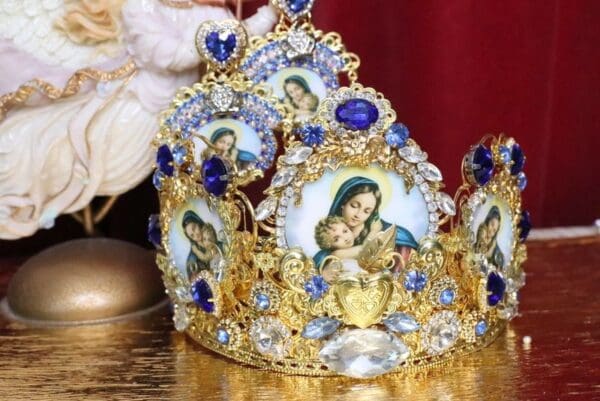 SOLD! 3501 Set Of Virgin Mary Madonna Cameo Blue Crystal Stunning Crown+ Earrings