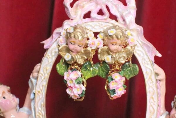 SOLD! 5060 Baroque Hand Painted Roses Sleeping Cherubs Angels Earrings Studs - Image 3