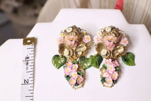 SOLD! 5060 Baroque Hand Painted Roses Sleeping Cherubs Angels Earrings Studs - Image 4