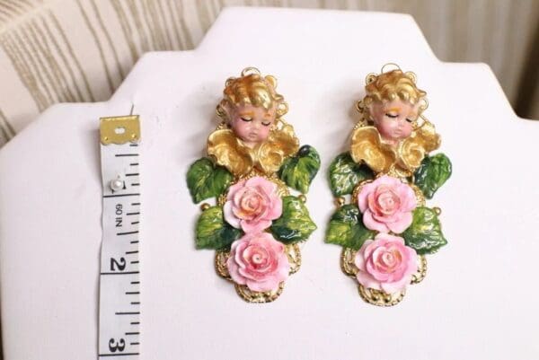 SOLD! 5061 Baroque Hand Painted Roses Sleeping Cherubs Angels Earrings Studs - Image 6