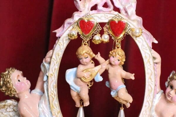SOLD! 5062 Baroque Hand Painted Roses Musical Cherubs Angels Sacred Heart Earrings Studs
