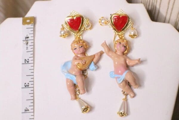 SOLD! 5062 Baroque Hand Painted Roses Musical Cherubs Angels Sacred Heart Earrings Studs - Image 3
