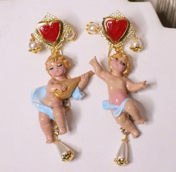 SOLD! 5062 Baroque Hand Painted Roses Musical Cherubs Angels Sacred Heart Earrings Studs - Image 4
