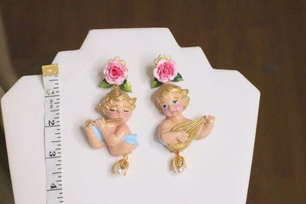 SOLD! 5063 Baroque Hand Painted Roses Musical Cherubs Angels Earrings Studs - Image 2