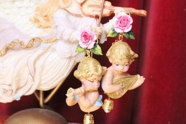 SOLD! 5063 Baroque Hand Painted Roses Musical Cherubs Angels Earrings Studs - Image 3
