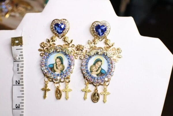 SOLD! 5064 Virgin Mary Madonna Blue Rhinestone Earrings Studs - Image 6